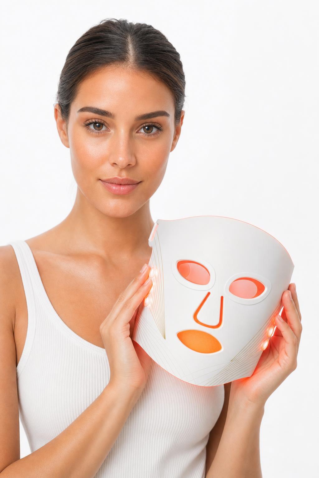 Modelo sosteniendo la mascarilla LED LUMÉ